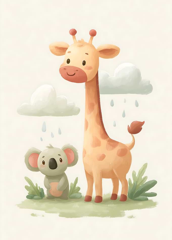 Cute Giraffe and Koala in the Rain