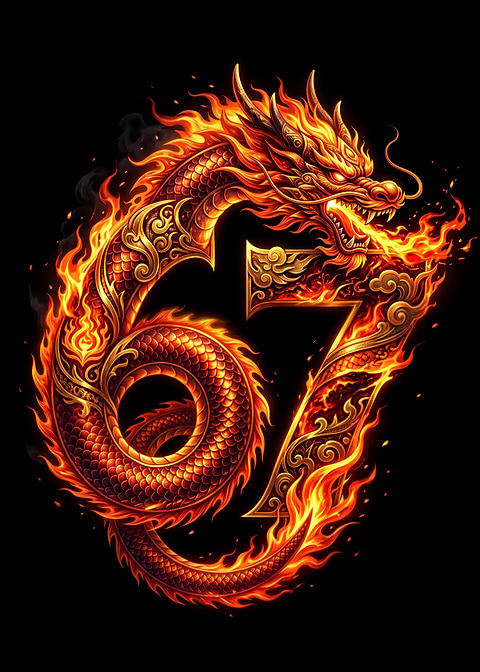 Fiery Dragon Embraces Number 67 — metal poster wall art