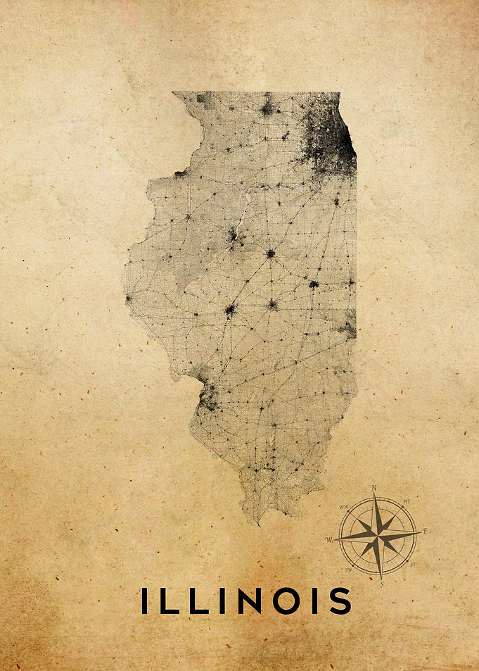 Illinois Map with Roads and Cities Vintage