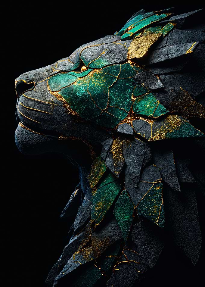 Emerald Gold Kintsugi Lion Art