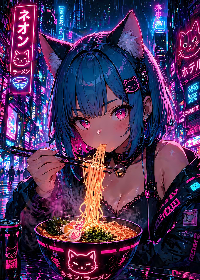 Anime Girl Eating Ramen in Neon City
