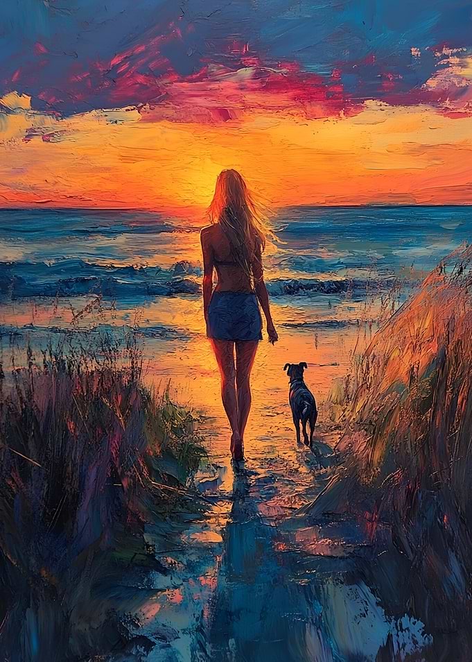 Woman and dog on beach at sunset