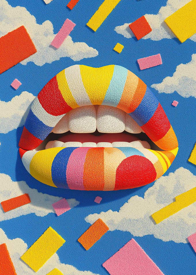Rainbow Lips with Clouds and Confetti