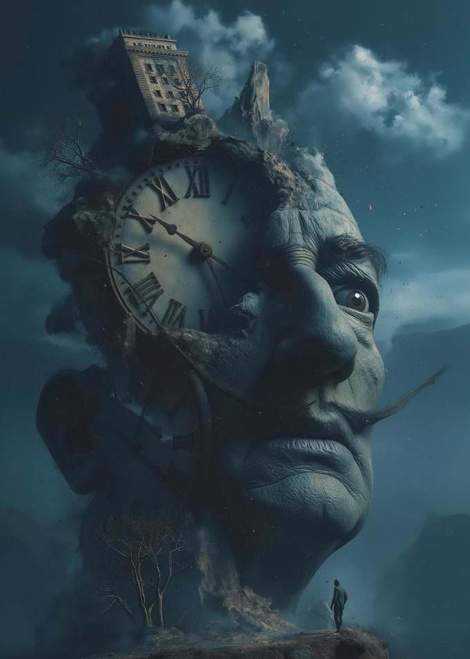 Surreal Face with Clock and Landscape