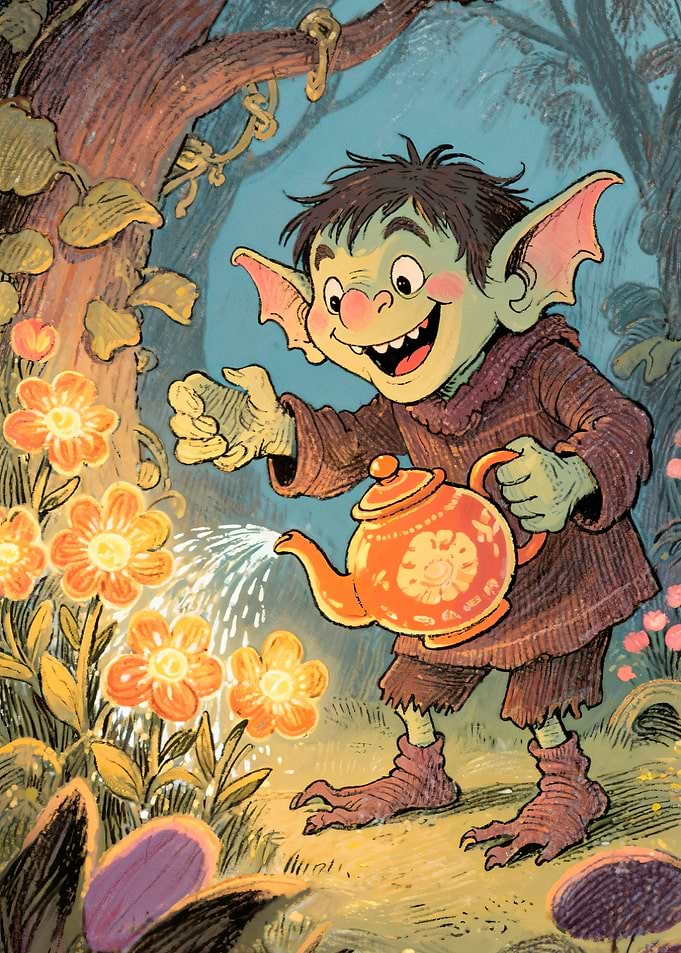 Goblin watering glowing flowers