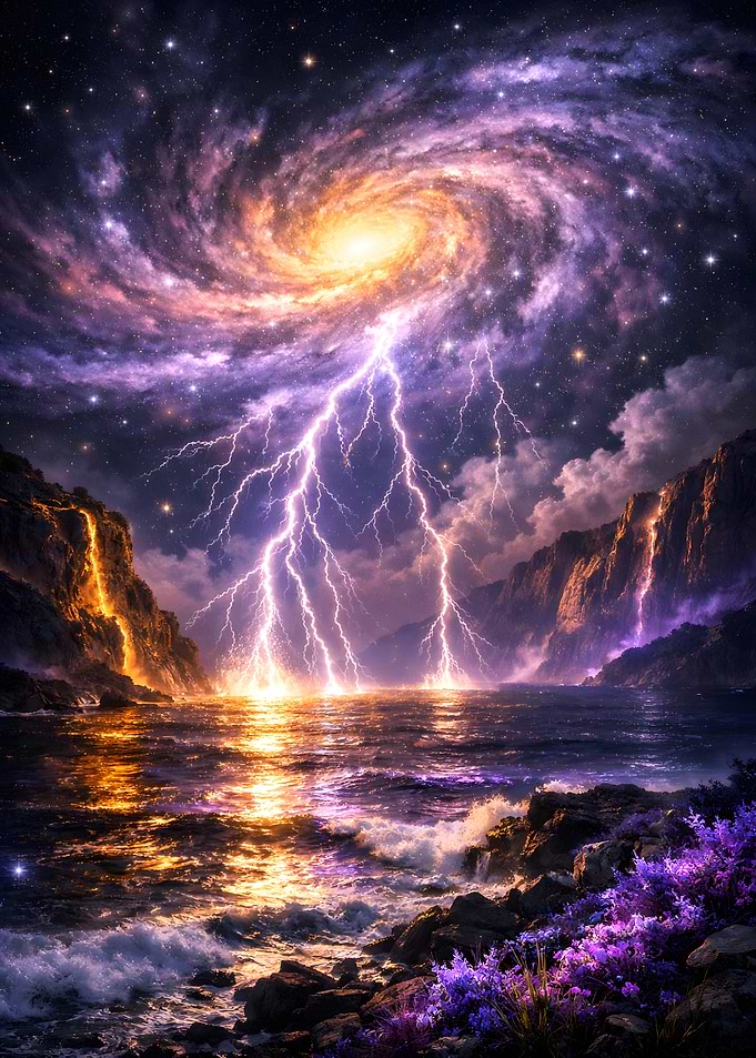 Cosmic Lightning Over Ocean Landscape