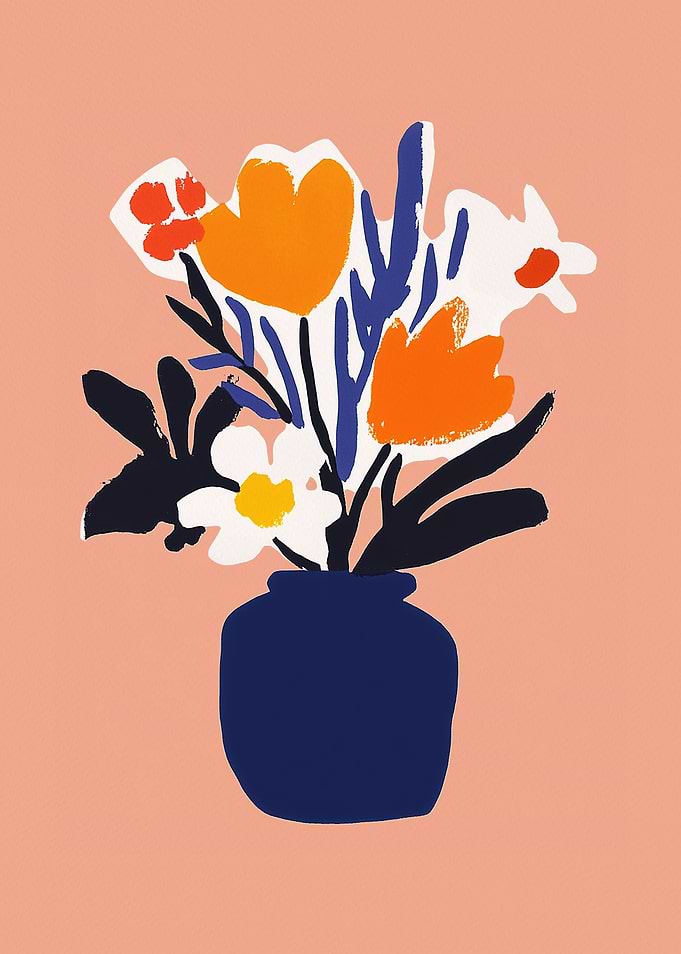 Abstract Floral Arrangement in Blue Vase