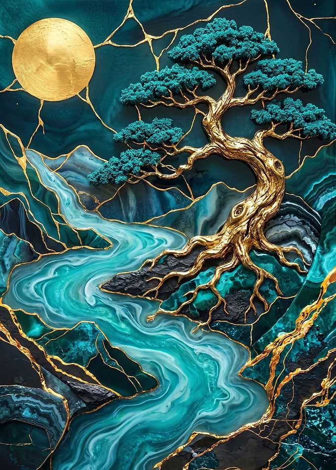 Golden Bonsai Tree and River