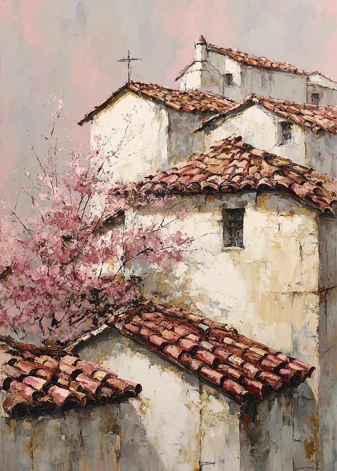 Mediterranean Village with Cherry Blossoms