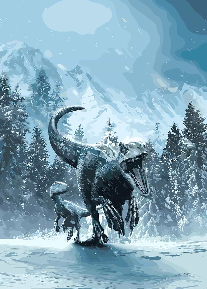 Dinosaurs in a Snowy Forest