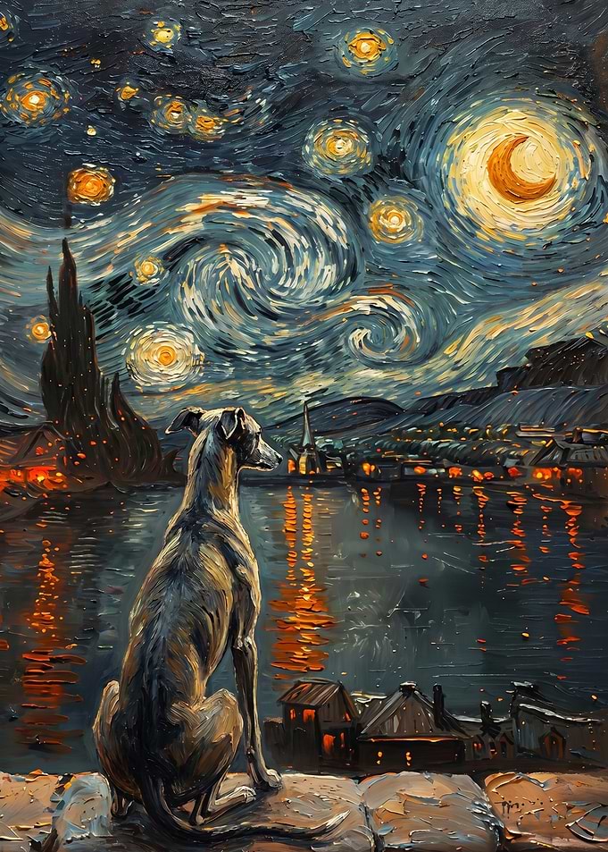Dog gazing at starry night cityscape