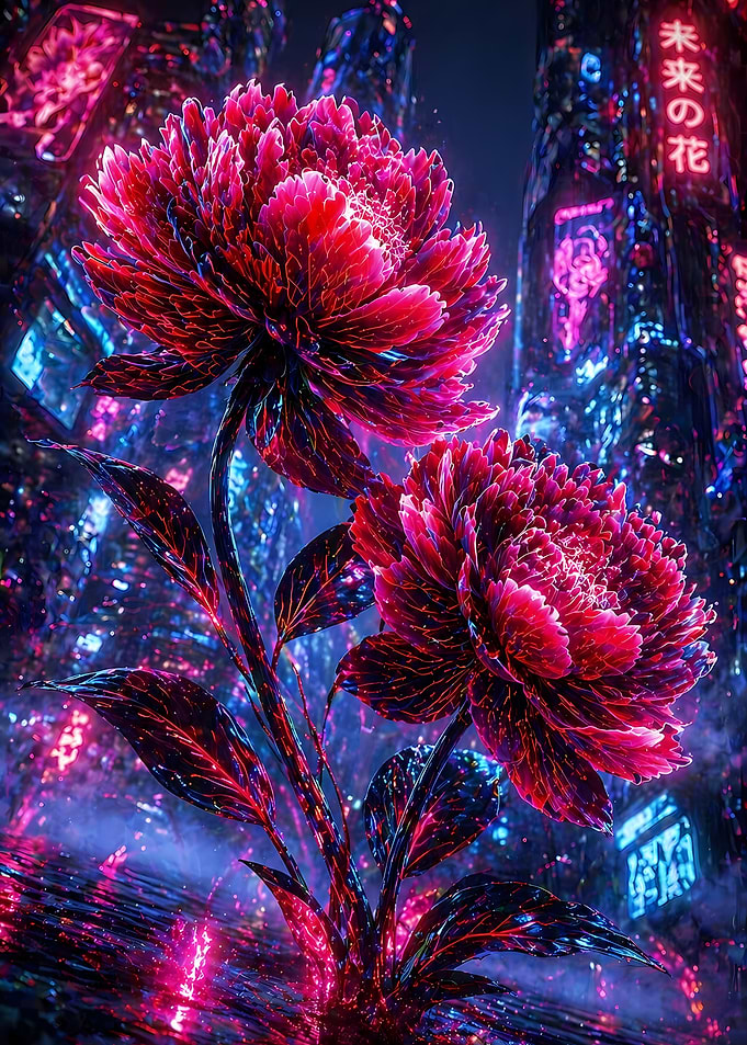Cyberpunk Peonies in Neon City
