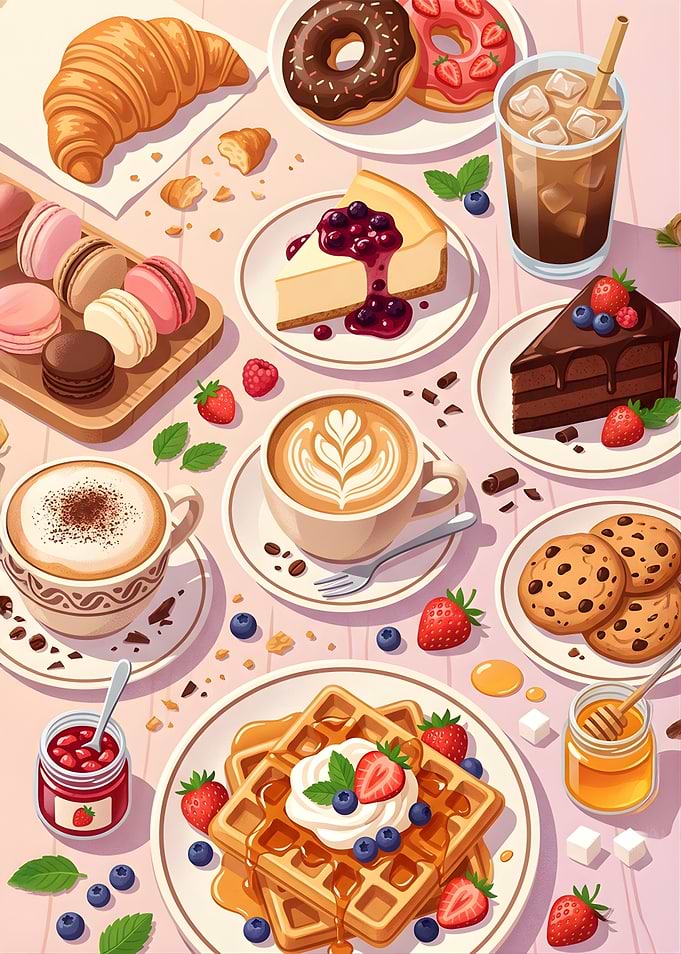 Assortment of Sweet Breakfast Pastries and Coffee