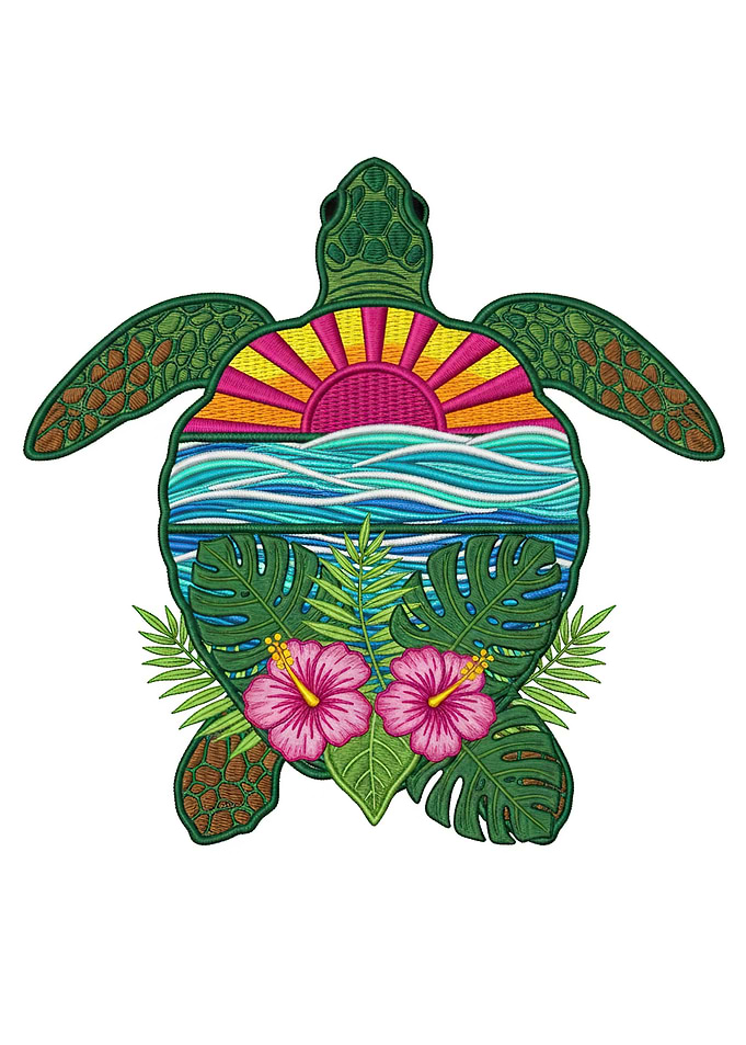 Sea Turtle with Tropical Sunset and Flowers