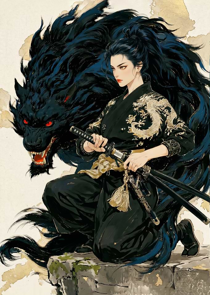 Samurai Warrior woman with Black Wolf