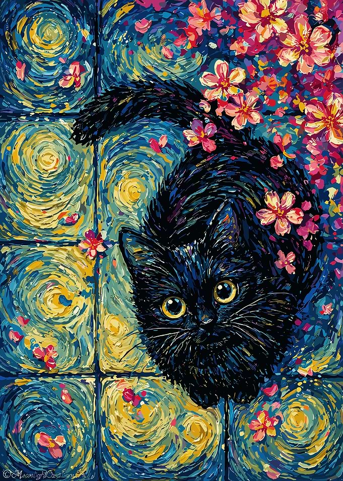 Black Cat Among Cherry Blossoms