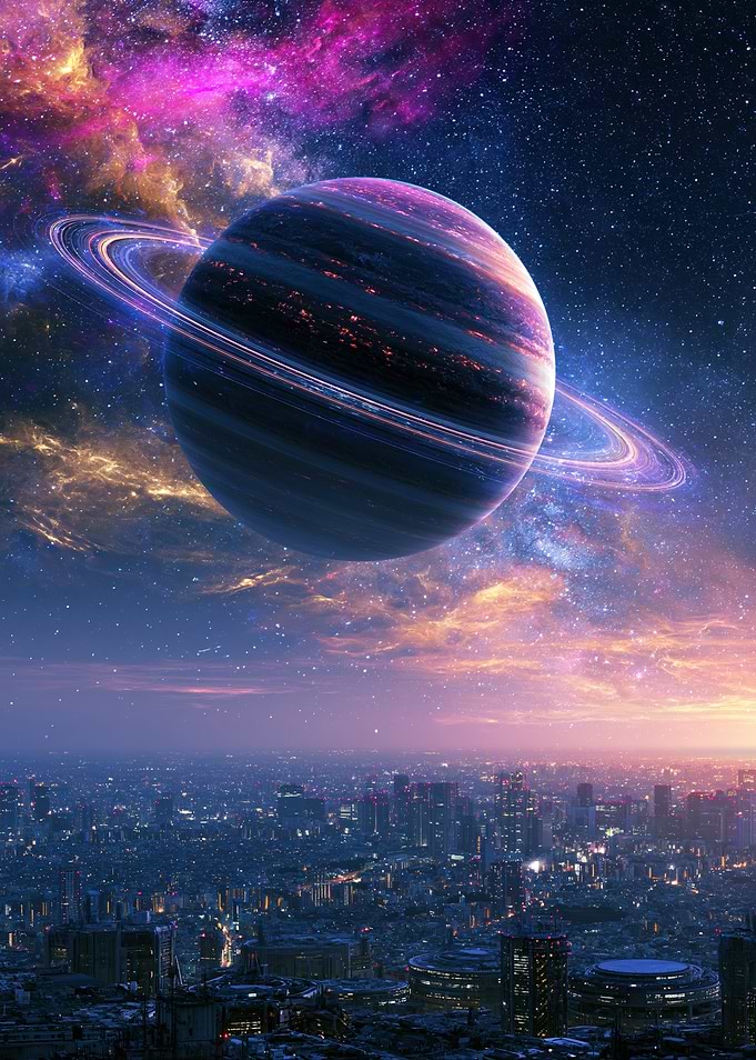 Planet over Futuristic Cityscape