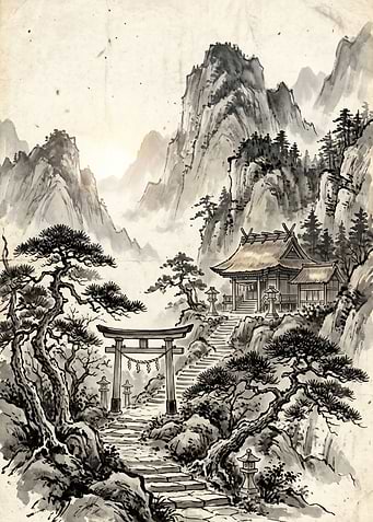 Japanese Mountain Shrine Landscape