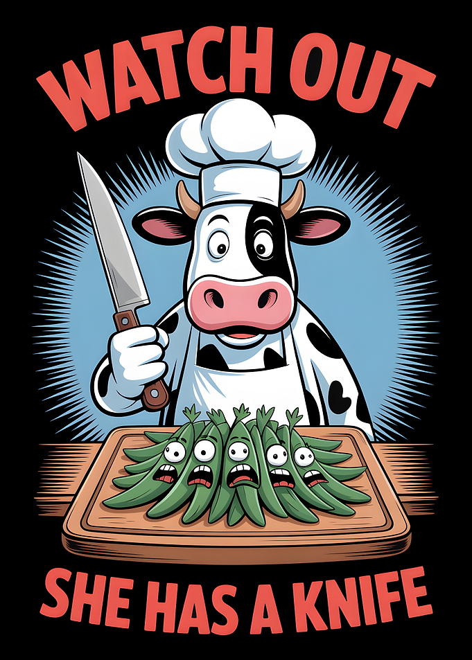 Chef Cow with Knife and Scared Peas