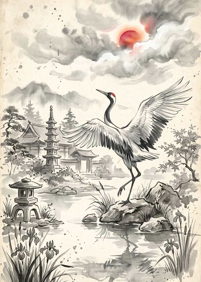 Japanese Crane and Temple Garden