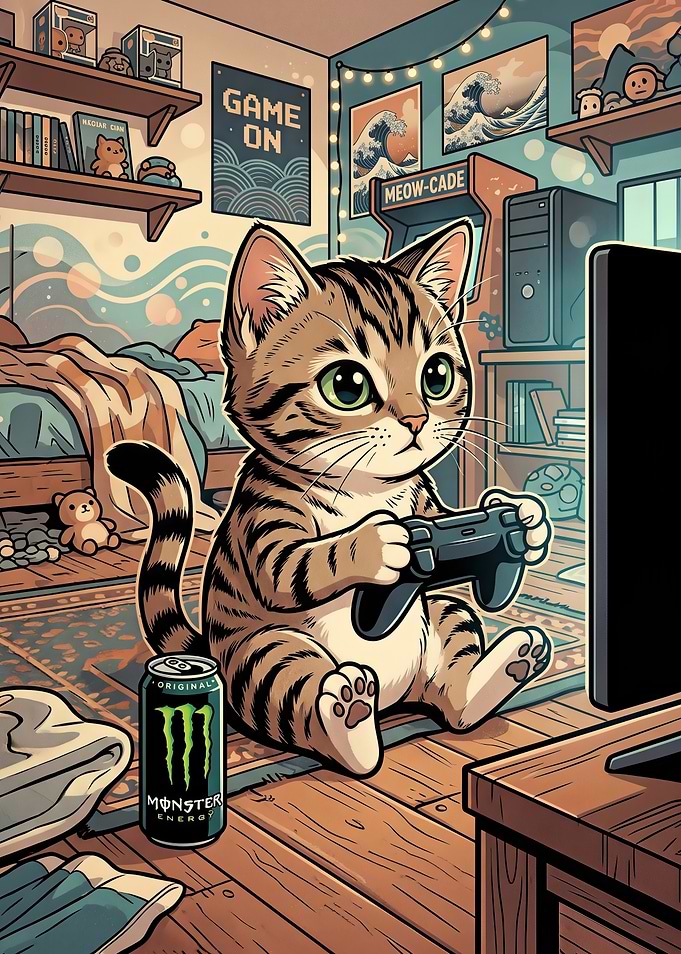 Cat Gamer with Monster Energy