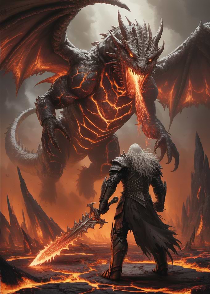 Dragon vs Knight in Fiery Landscape
