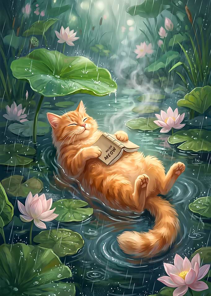 Cat Reading a Book in the Rain