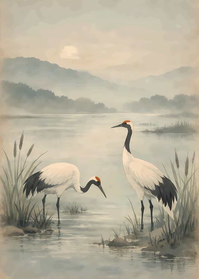 Two Cranes by a Misty Lake