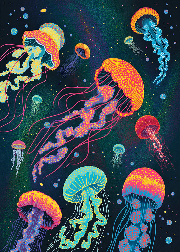 Vibrant Jellyfish in Cosmic Background