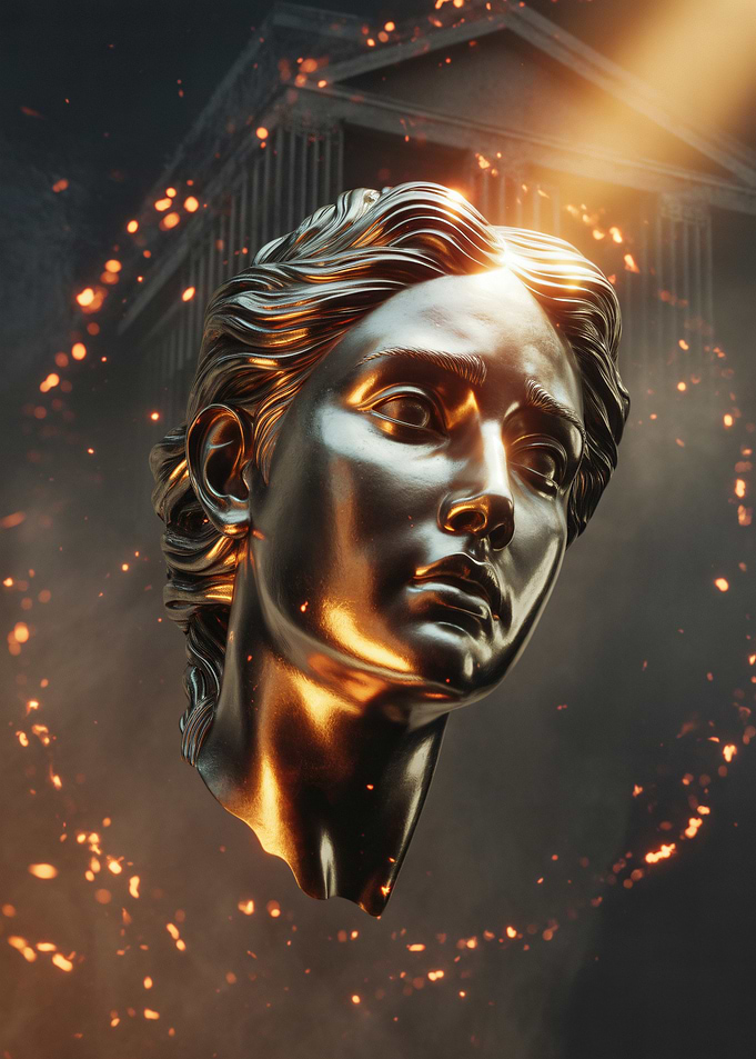 Sculpted Head with Fiery Aura