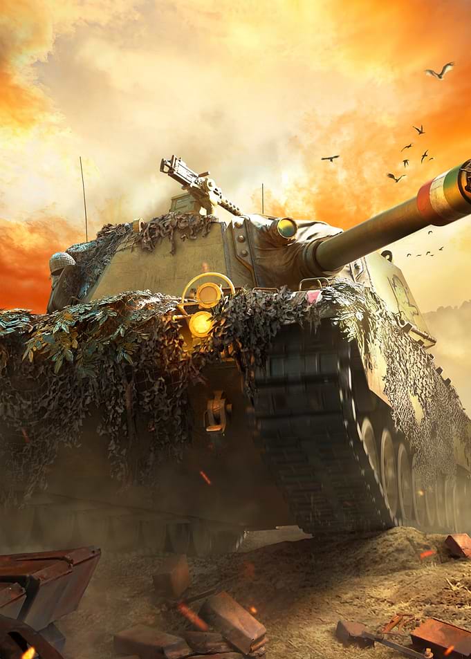 Camouflaged Tank in Fiery Sunset
