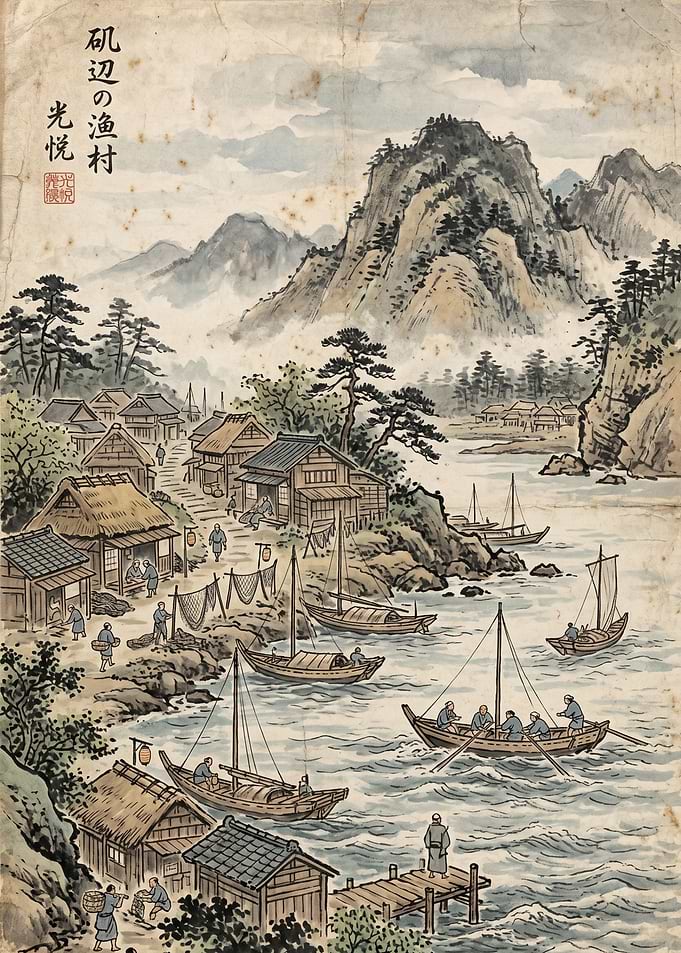 Japanese Fishing Village Landscape Painting