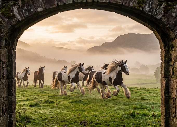 Horses running through misty landscape
