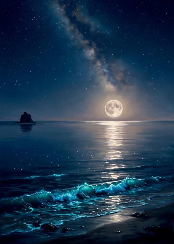 Moonlit Ocean Waves Under Milky Way