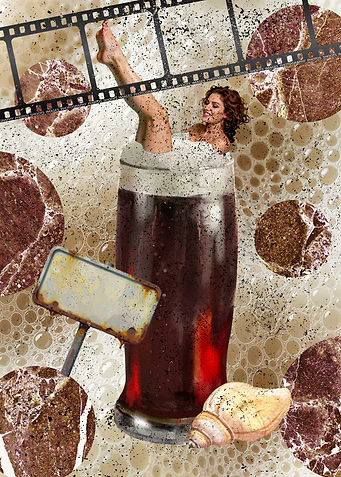 Woman bathing in beer glass with film strip