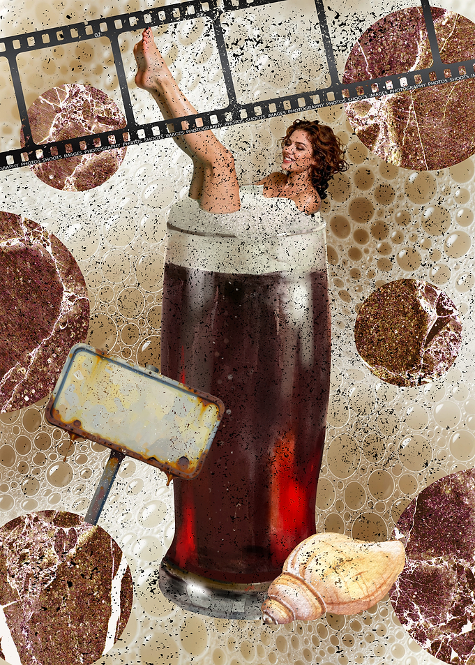 Woman bathing in beer glass with film strip