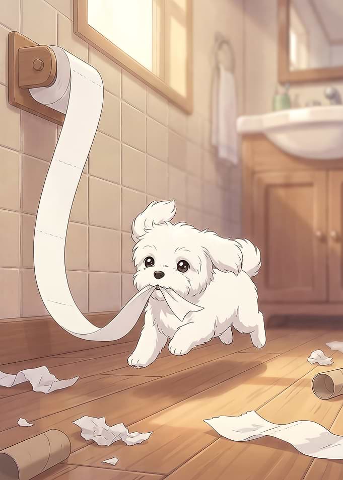 Mischievous Puppy Unravels Toilet Paper