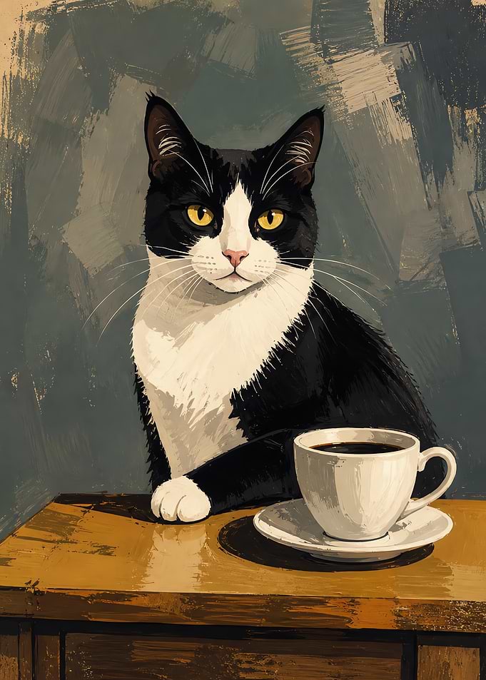 Tuxedo Cat with Coffee