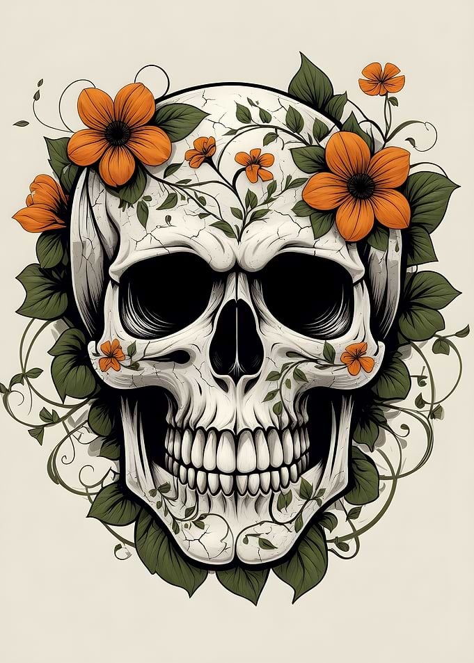 Skull with Orange Flowers and Vines