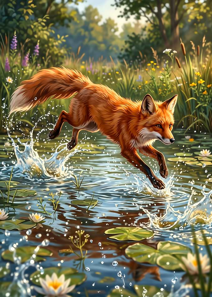 Fox jumping through water