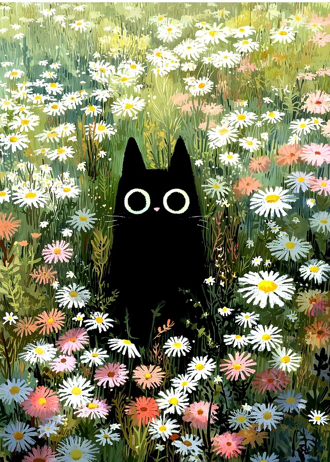 Black Cat in a Field of Daisies