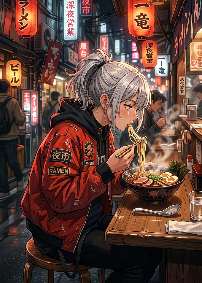 Anime Girl Eating Ramen in Tokyo