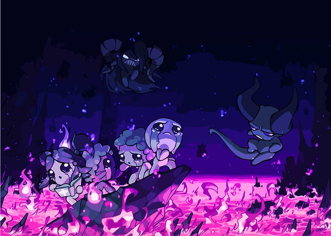 Demonic creatures in a fiery landscape