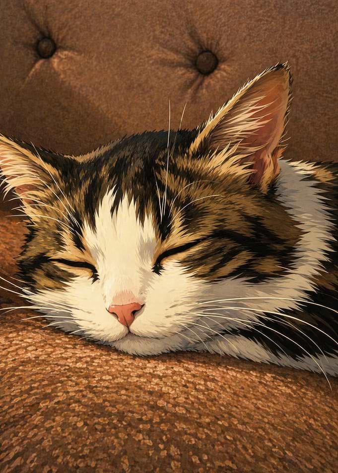 Sleeping Tabby Cat on Brown Couch