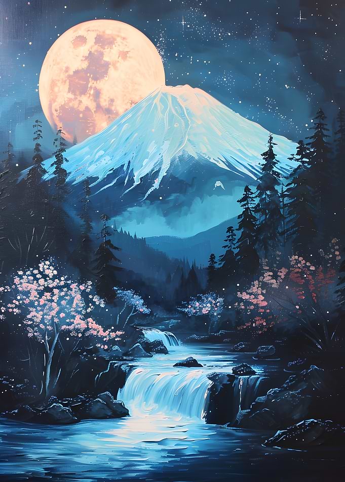 Mount Fuji under a large moon Japan