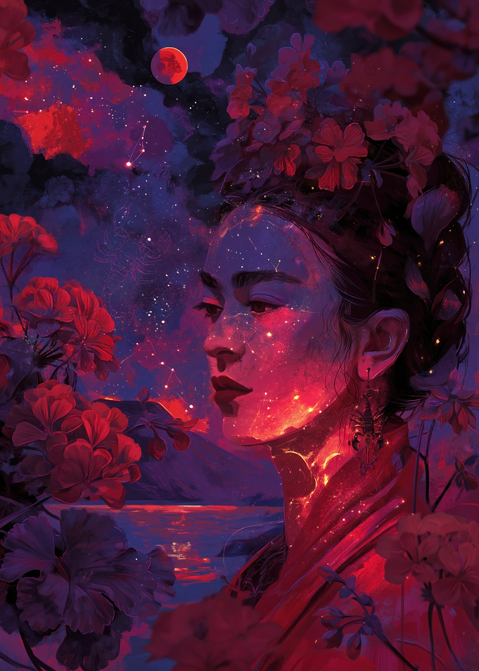 Cosmic Woman with Red Flowers
