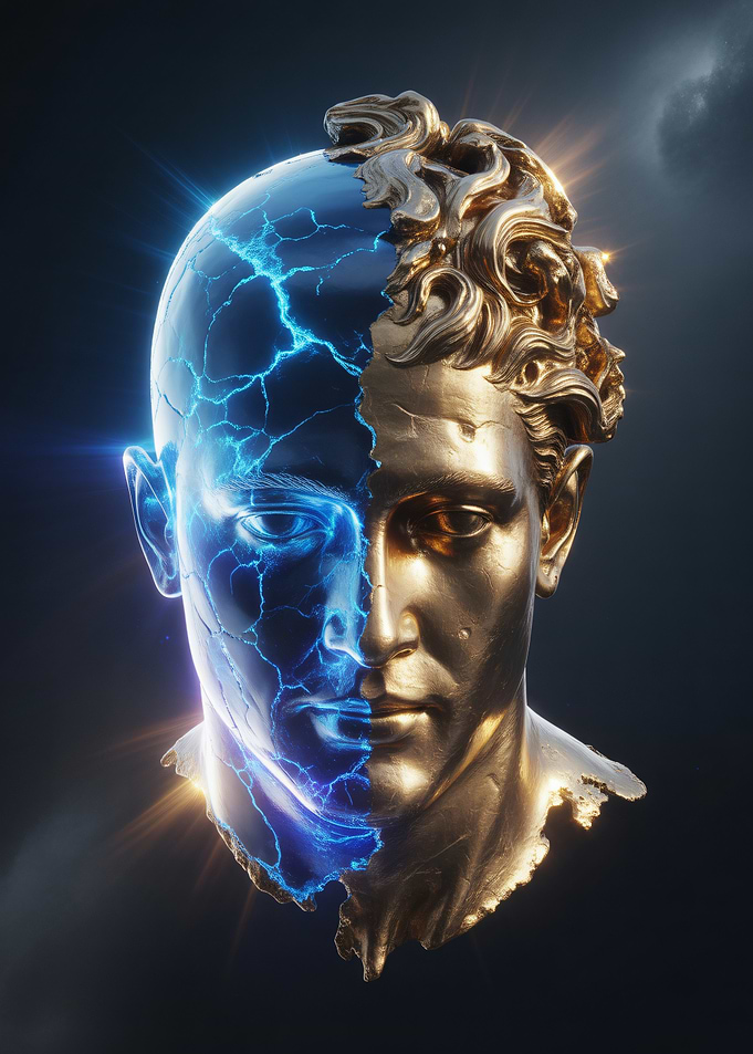 Split Head Sculpture with Lightning