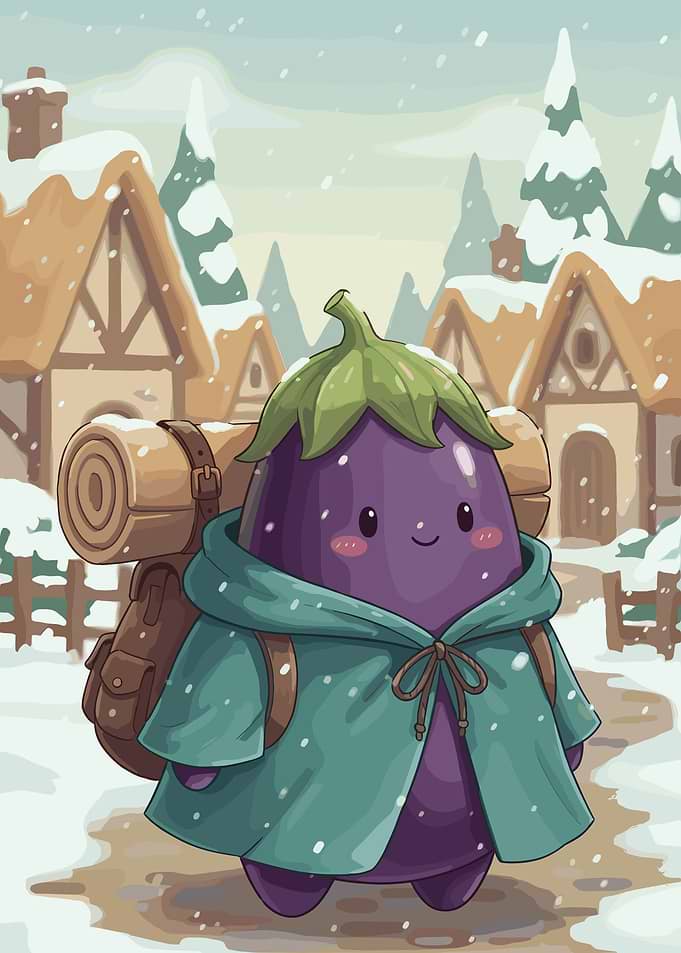 Cute Eggplant Character in Winter Village