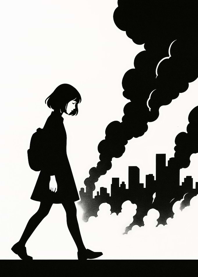 Girl Walking Through City Smoke