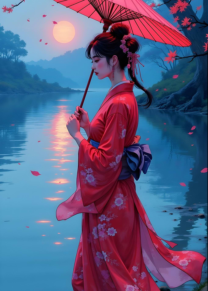 Woman in Kimono with Umbrella by Water